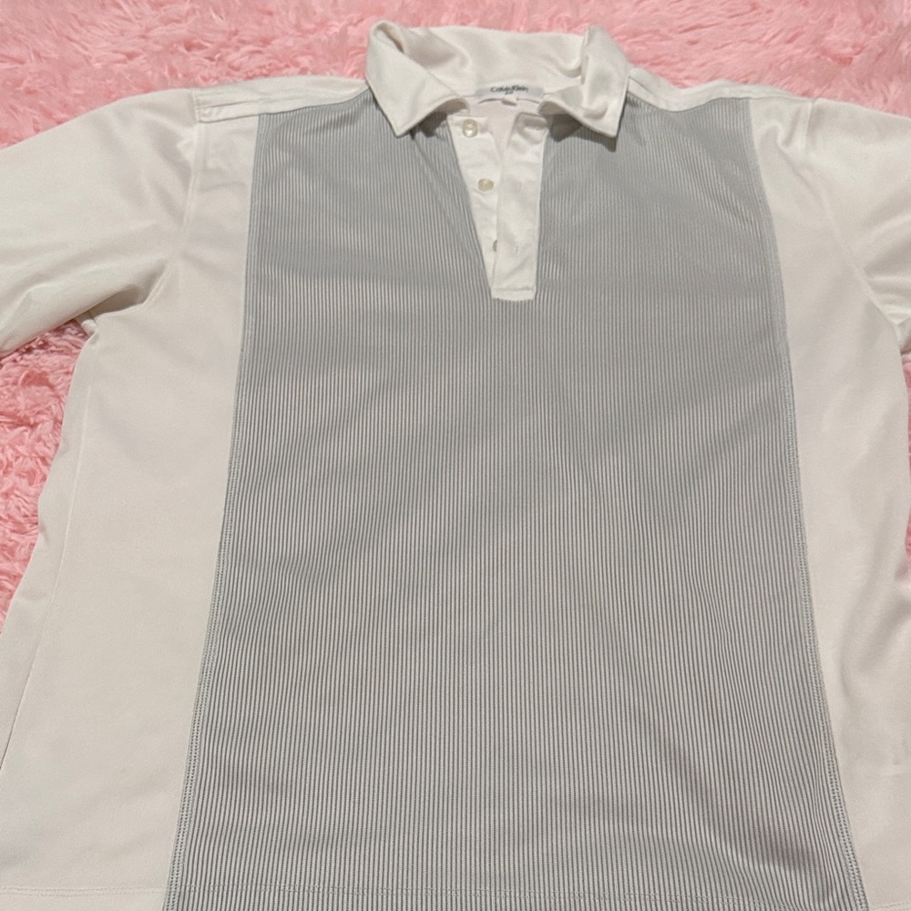 Calvin Klein White Polo with Light Gray Pinstripe Front Panel